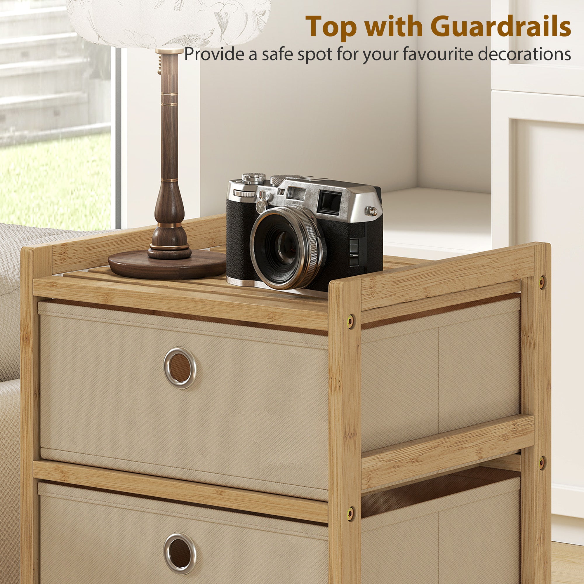 HOMCOM Chest of Drawers, 4 Fabric Drawers Narrow Dresser with Bamboo Frame, Cream White