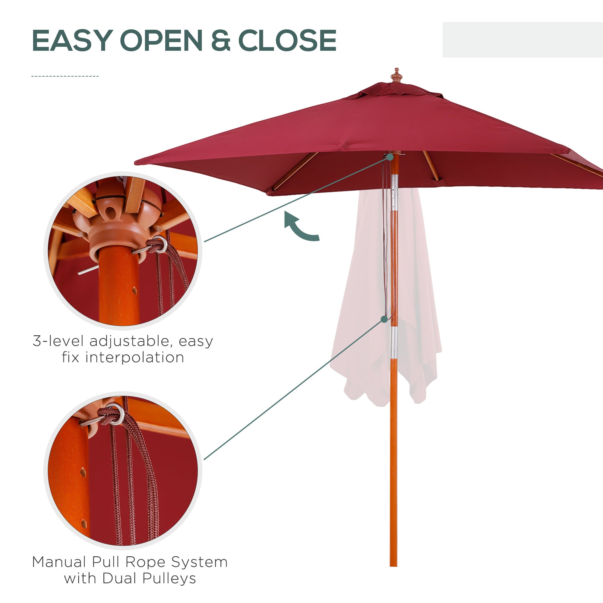 Outsunny 2m x 1.5m Garden Parasol Umbrella with Tilting Sunshade Canopy, Outdoor Market Table Umbrella with Wood and Bamboo Frame, Wine Red