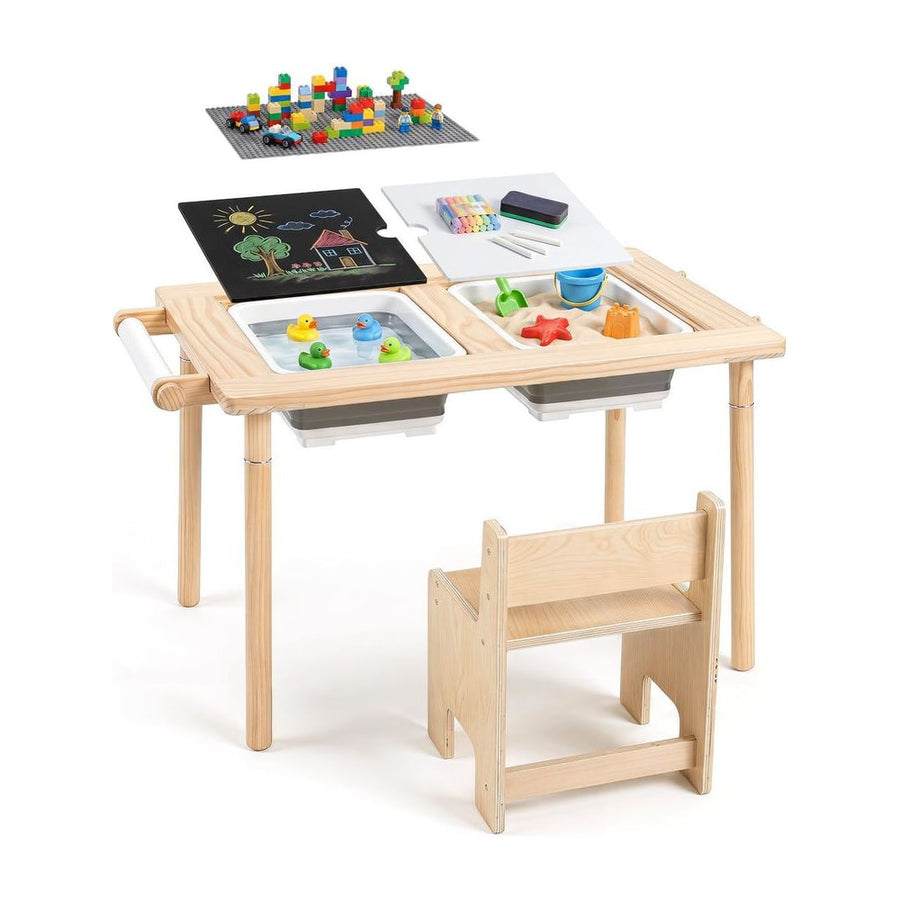 Sensory Table Set Kids Activity Table and Chair Set with Adjustable Height-Natural