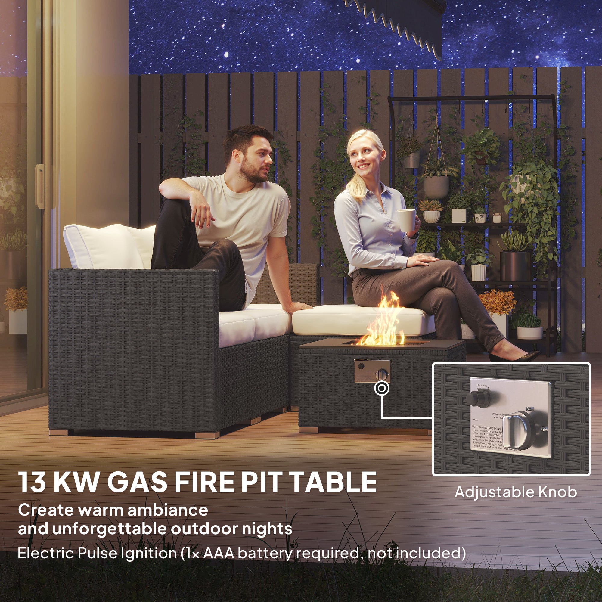 Outsunny Five Piece Rattan Garden Furniture Set with Gas Fire Pit Table and Footstool - Black and Cream White