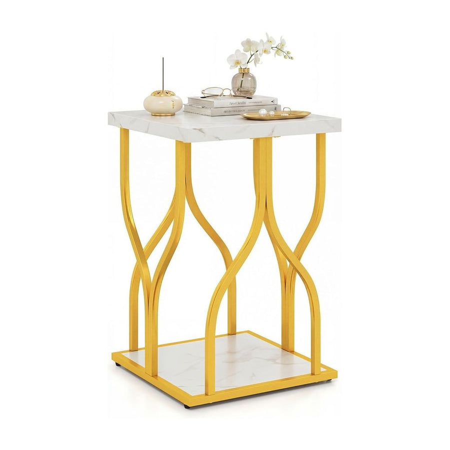 Set of 1 Faux Marble Nightstand with Storage Shelf for Bedroom Small Space-White