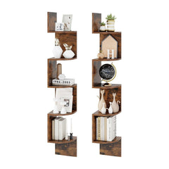 Set of 2 5-Tier Corner Shelf wall mounted floating corner bookshelves in rustic brown