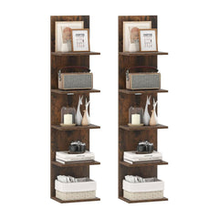 Set of 2 5-Tier Wall Shelves Vertical Floating Storage Shelf Unit in rustic brown