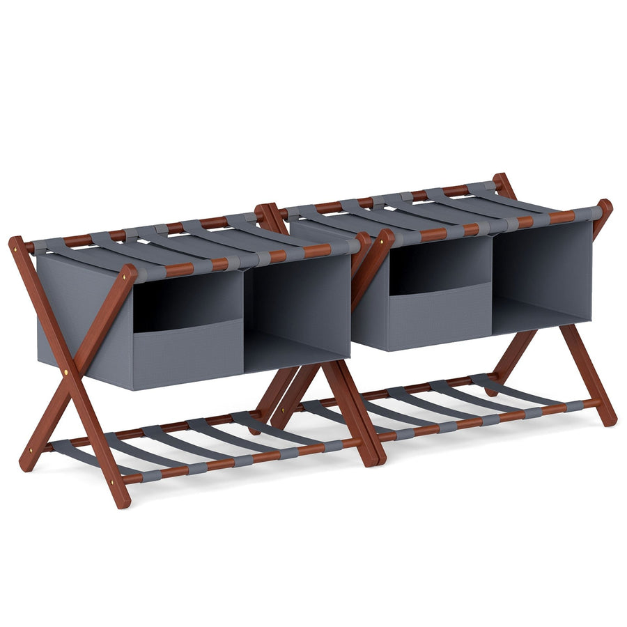 Set of 2 68 cm Foldable Bamboo Luggage Rack units standing side by side with grey storage bags