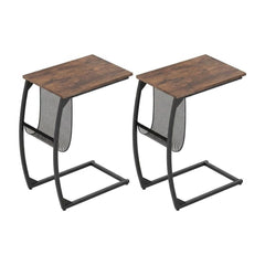 Set of 2 C-Shaped Compact Sofa Side Snack Table with brown wood effect tops and black metal frames