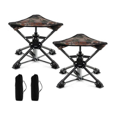 Set of 2 Folding Swivel Camping Hunting Stools with black carry bags on a white background