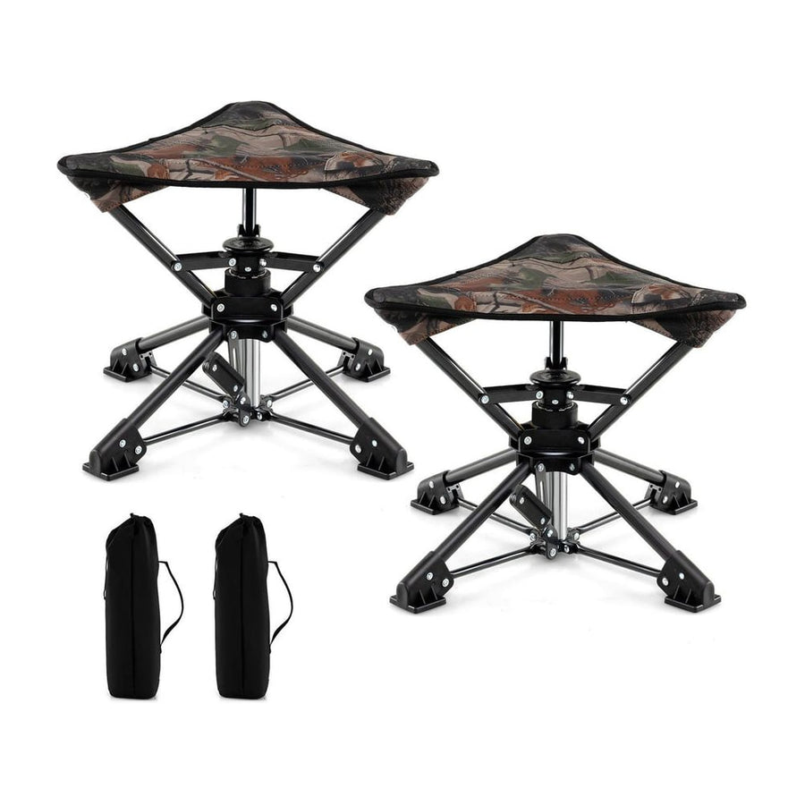 Set of 2 Folding Swivel Camping Hunting Stools with black carry bags on a white background