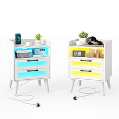 Set of 2 Mid Century Nightstand Modern Bedside Table with charging station in white