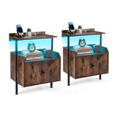 Set of 2 Nightstand Bedside Table with Charging Station in Rustic Brown