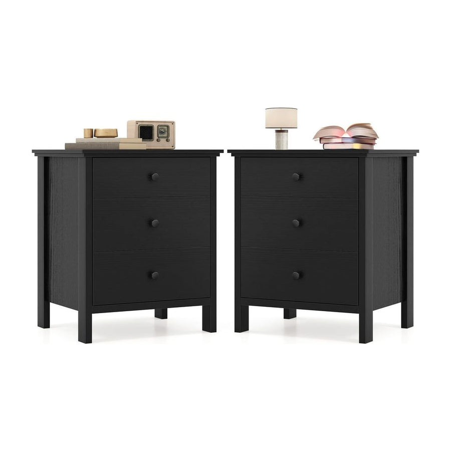 Set of 2 Nightstand with 3 Drawer for Bedroom Compact Storage Chest-Black