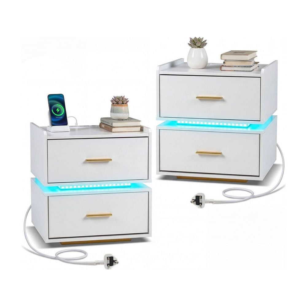 Set of 2 Nightstand with Charging Station and 2 Storage Drawers-White, showing both units with gold handles and LED lighting