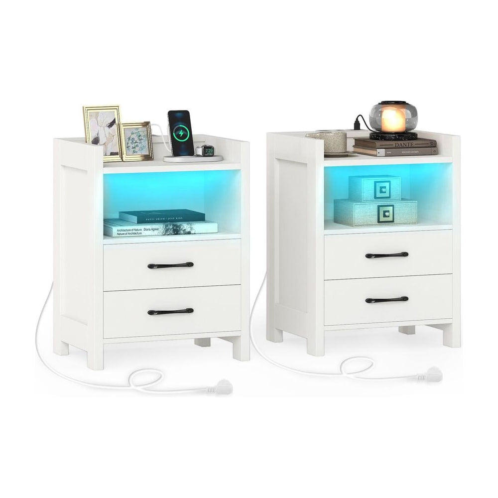 Set of 2 Nightstand with white finish and blue LED lights, featuring two drawers and power outlets