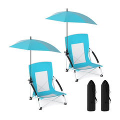 Set of 2 Portable Beach Umbrella Chair with adjustable parasol, showing two chairs and two carry bags