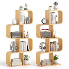 Set of 2 S-Shaped Bookcase Bamboo Bookshelf with two open cubes and four tiers