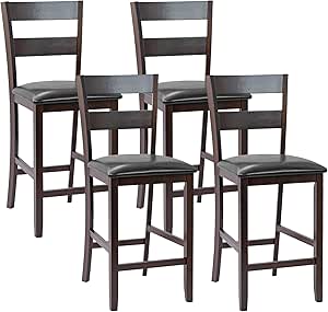 Set of 4 63.5 cm Counter Height Upholstered Bar Stools with a dark wood frame and black seat