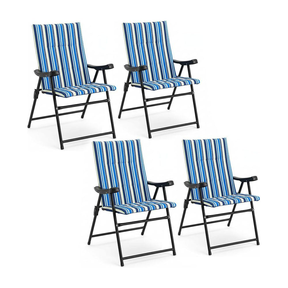Set of 4 Foldable Beach Chairs with armrests and wide seat in blue and white stripes