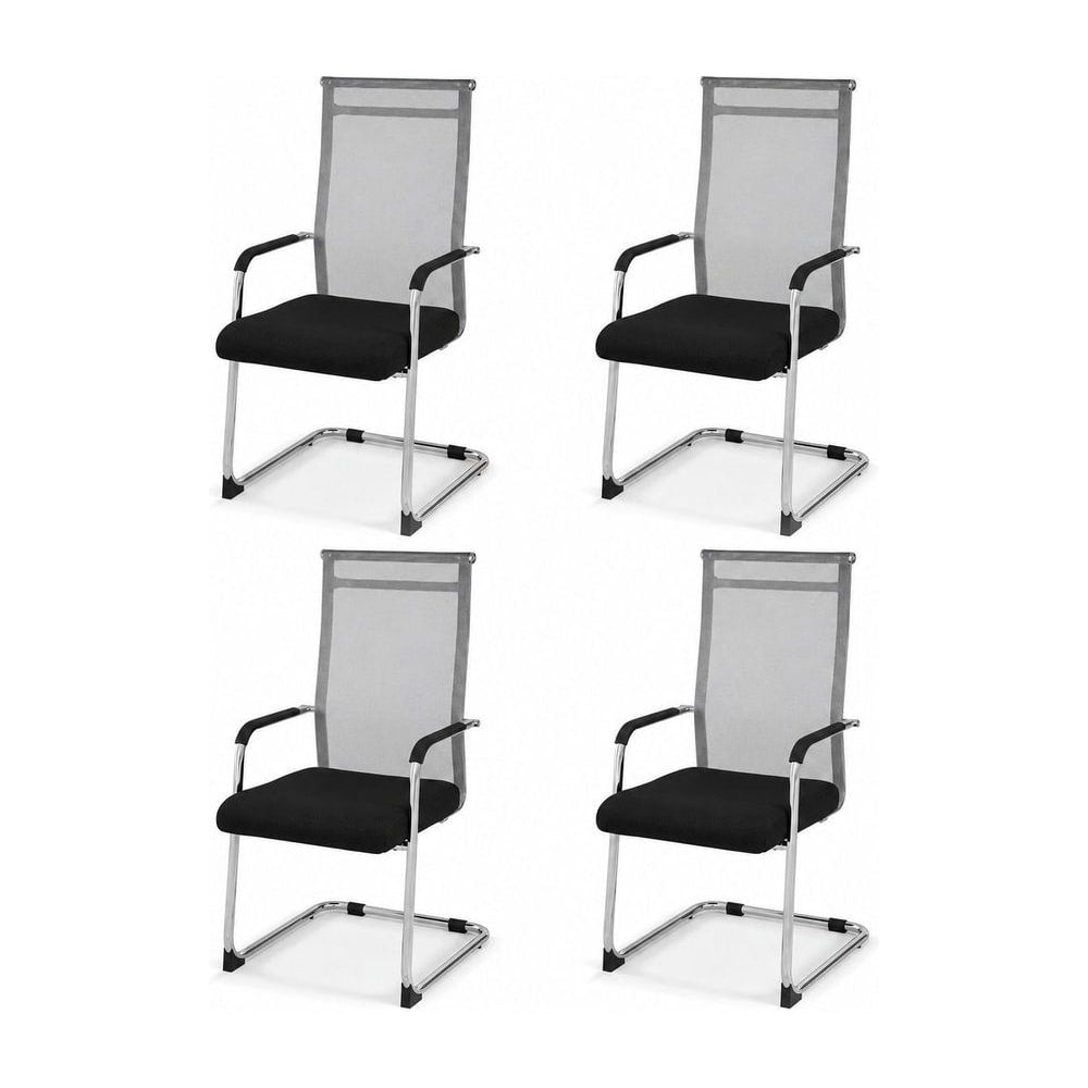 Set of 4 Office Guest Chairs with metal sled base and armrests in grey mesh