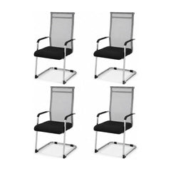 Set of 4 Office Guest Chairs with metal sled base and armrests in grey mesh