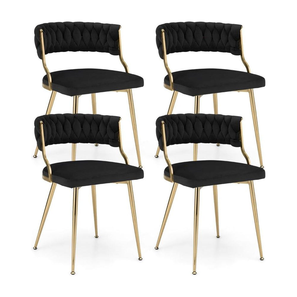 Set of 4 Velvet Dining Chair with Metal Legs and Woven Back-Black