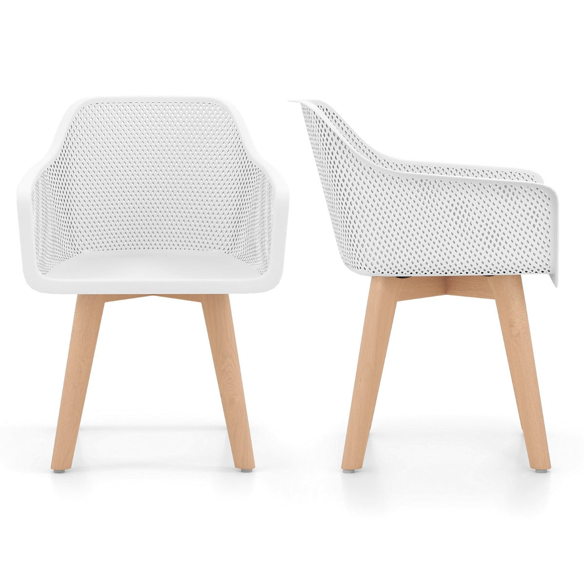 Set of 2 Modern Plastic Dining Chairs with Wood Legs-White
