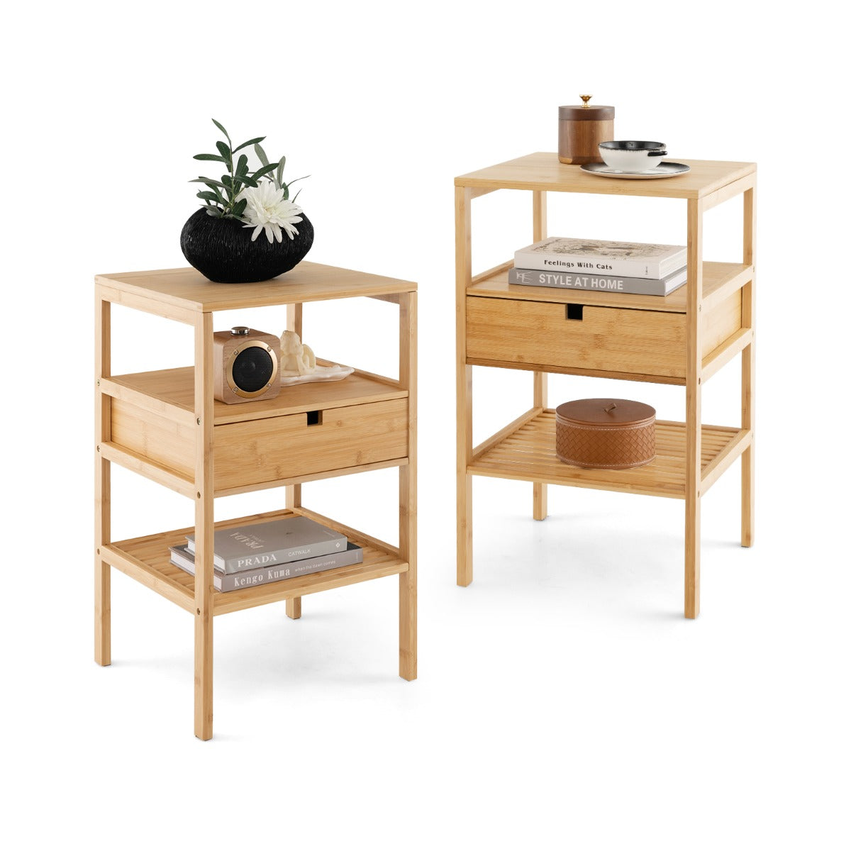 Multipurpose Bamboo Nightstand with Storage Drawer and Slatted Shelf-Natural