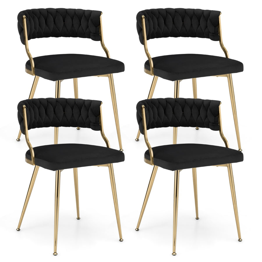 Set of 4 Velvet Dining Chair with Metal Legs and Woven Back-Black