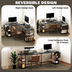 HOMCOM 168cm Reversible L Shaped Desk, Industrial Corner Computer Desk with Adjustable Shelf and Storage Bag, 240cm 2 Person PC Table with Monitor Stand, Black