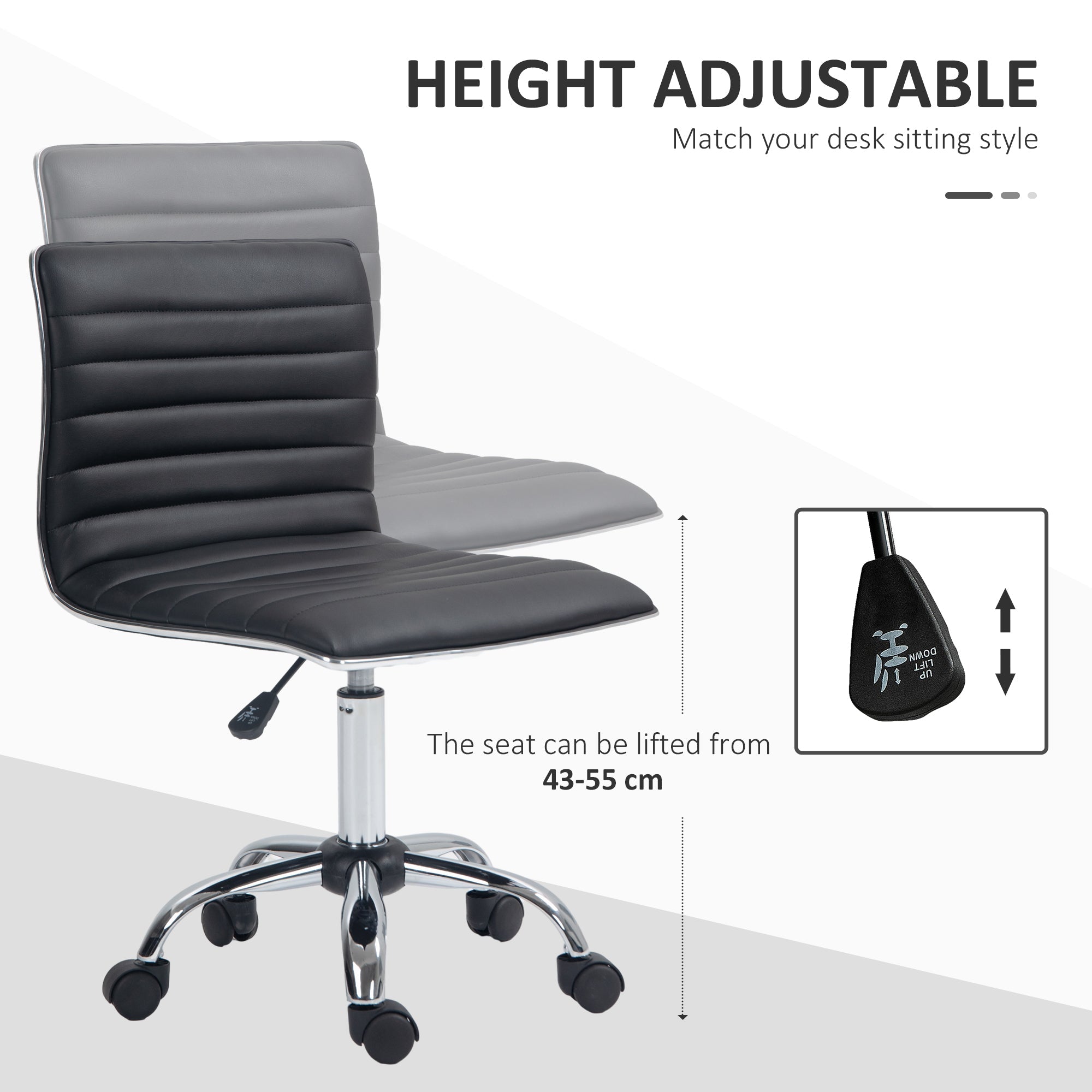 HOMCOM Armless Task Desk Chair, Swivel Office Chair with Faux Leather, Adjustable Seat Height, Chrome Base, Wheels for Home, Black