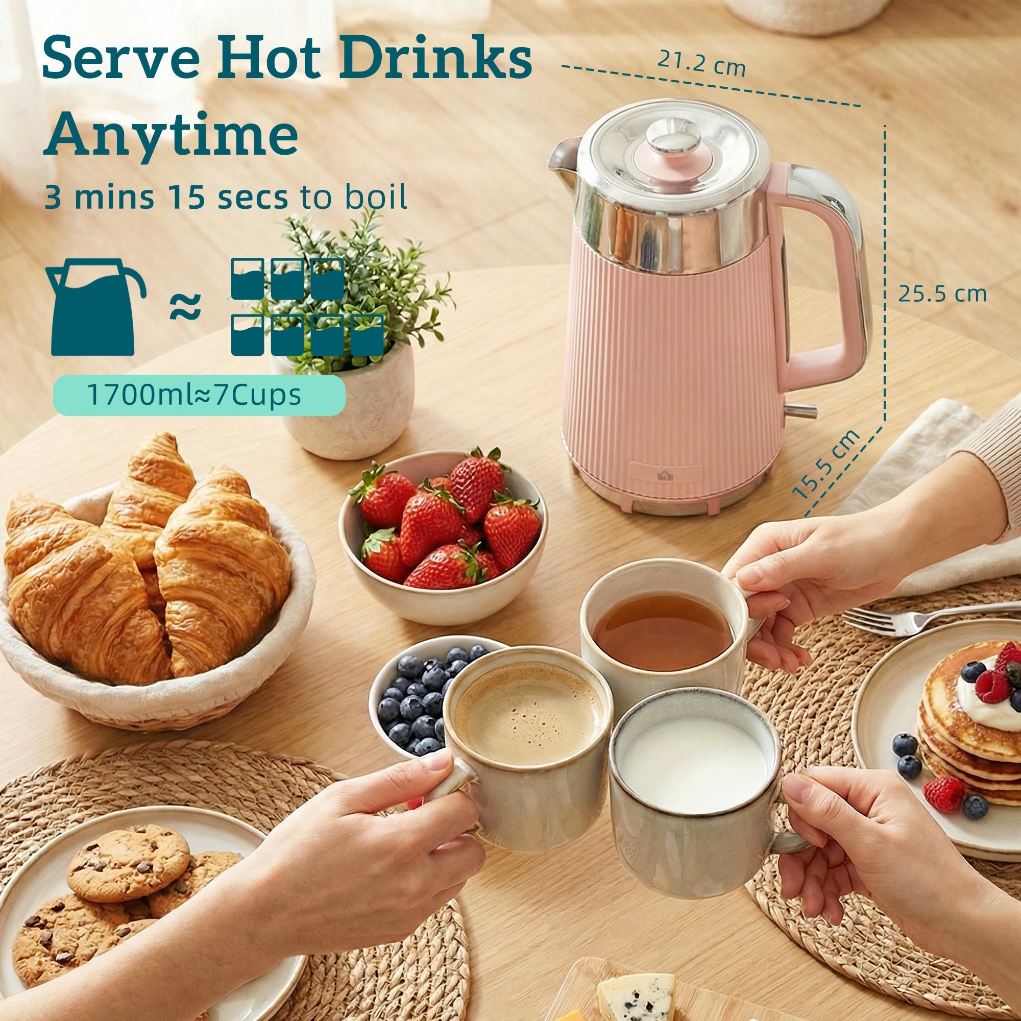 HOMCOM Electric Stainless Steel Kettle and Toaster Set, 3000W 1.7L UK Strix Thermostat Fast Boil Kettle Pink