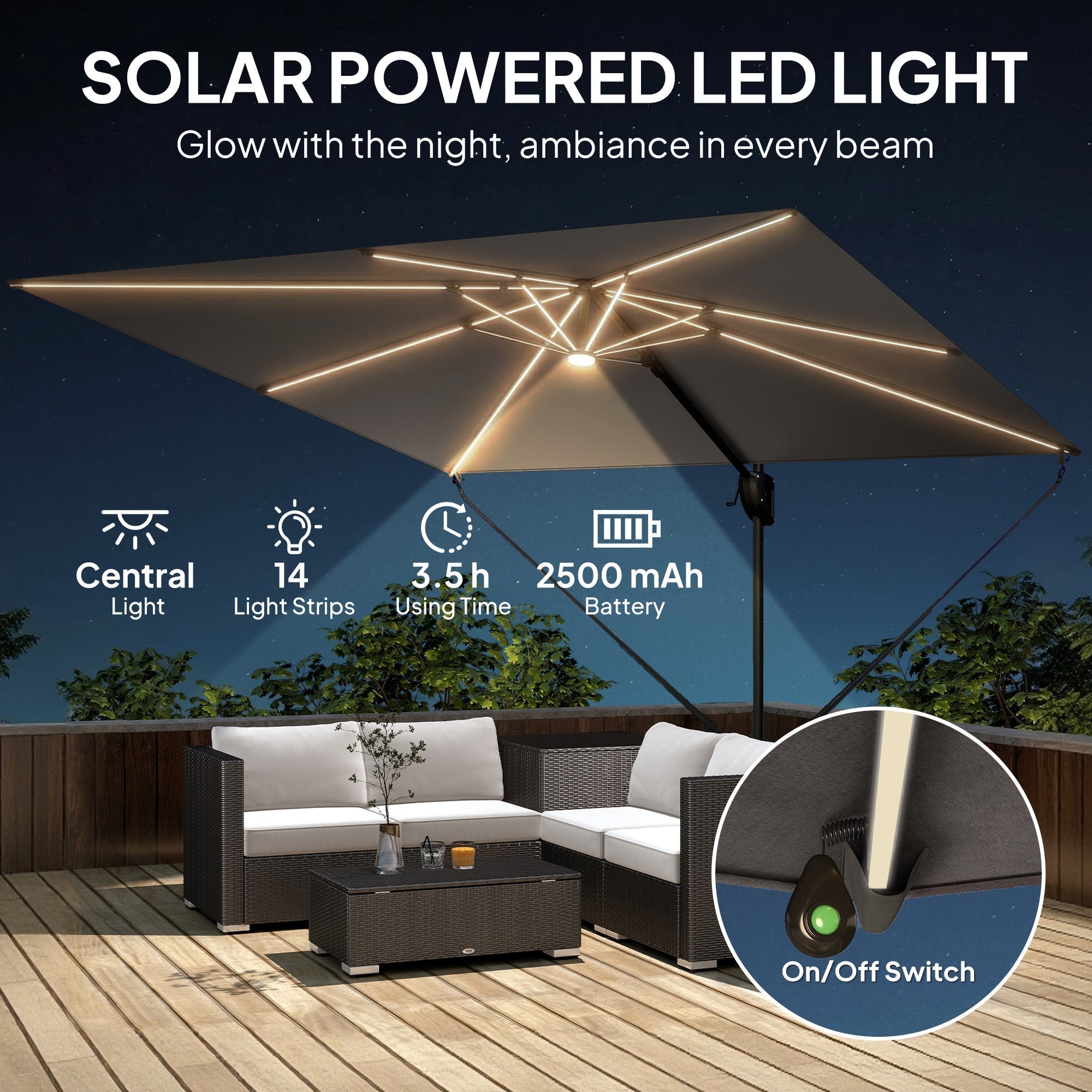 Outsunny 3 x 3 m Garden Cantilever Parasol w/ Light, Cover, UPF50+ Patio Umbrella w/ Wind Protection, 360 degrees Rotation, Dark Grey
