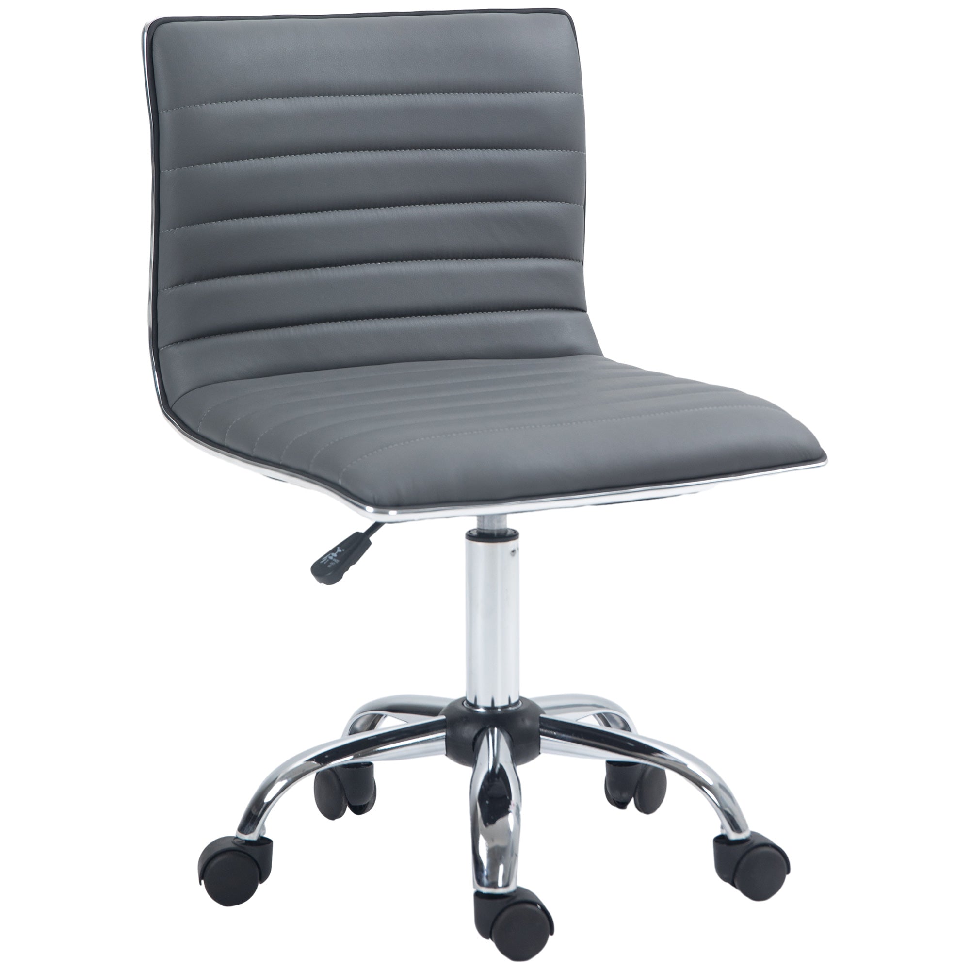 HOMCOM Armless Task Desk Chair, Swivel Office Chair with Faux Leather, Adjustable Seat Height, Chrome Base, Wheels for Home, Dark Grey