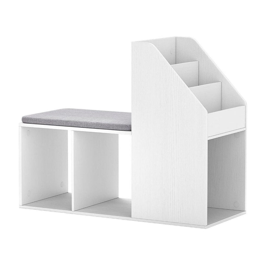 Shoe Storage Bench with 3-Tier Rack and Side Compartments in white with a grey seat cushion