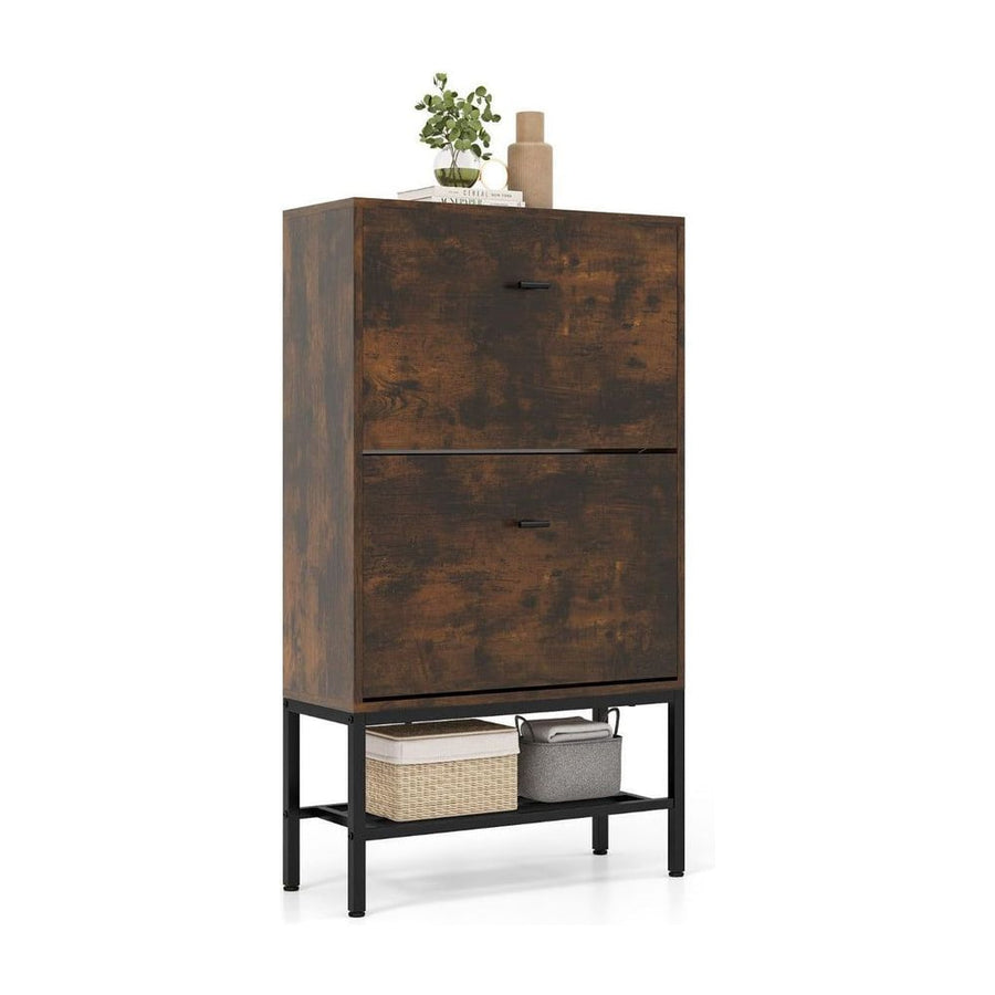 Shoe Storage Cabinet with 2 flip drawers and a lower shelf, rustic brown finish