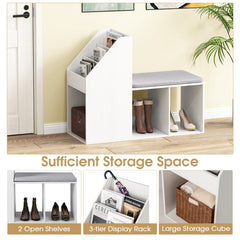 Shoe Storage Bench with 3-Tier Rack and Side Compartments-White