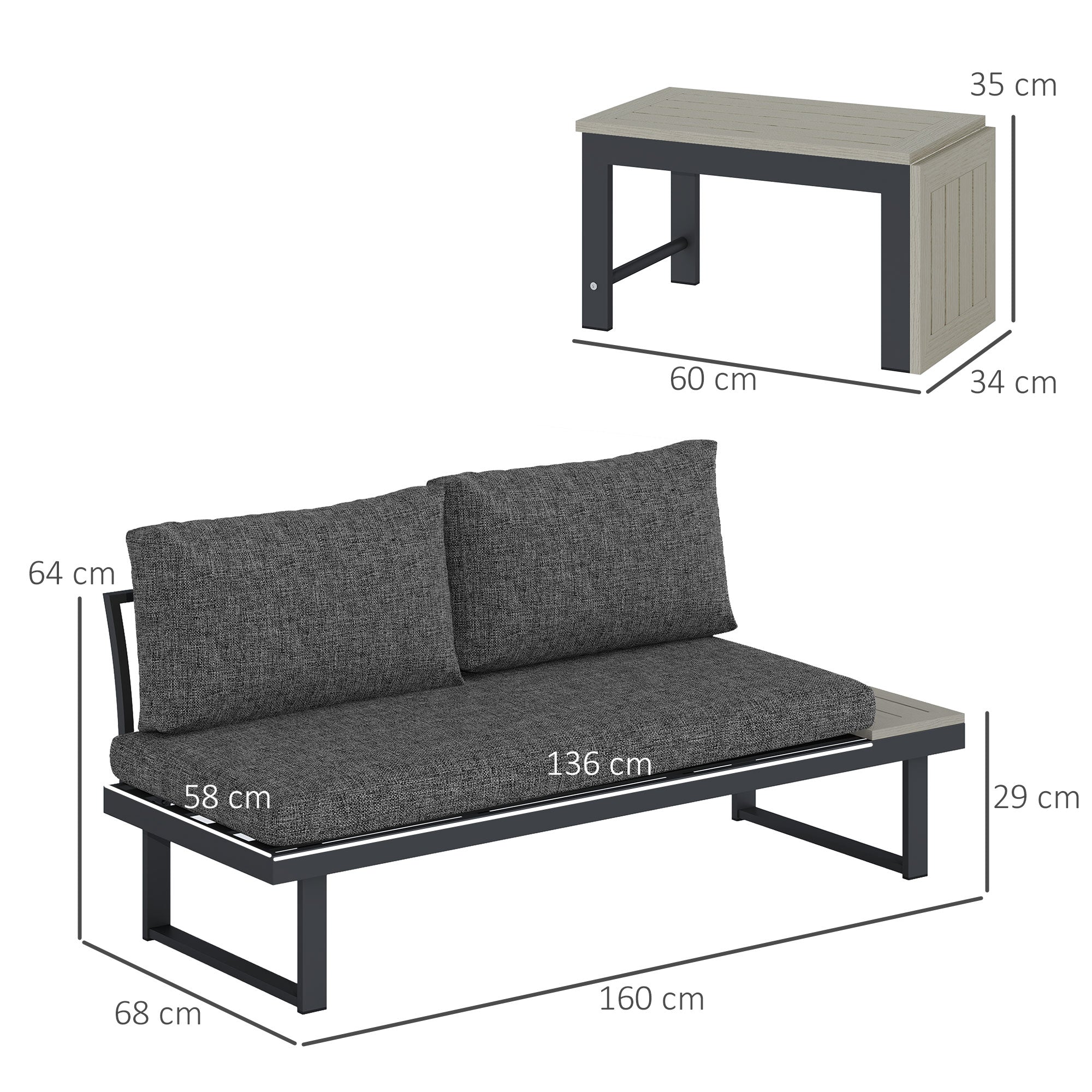 Outsunny 4 Seater L Shaped Aluminium Sectional Garden Furniture Set with 2 Loveseats and Wood-Plastic Coffee Table - Dark Grey