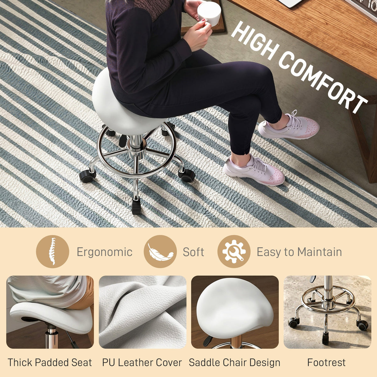 HOMCOM Salon Saddle Stool, Rolling Saddle Chair for Massage, Spa, Clinic, Beauty, Hairdressing and Tattoo, White