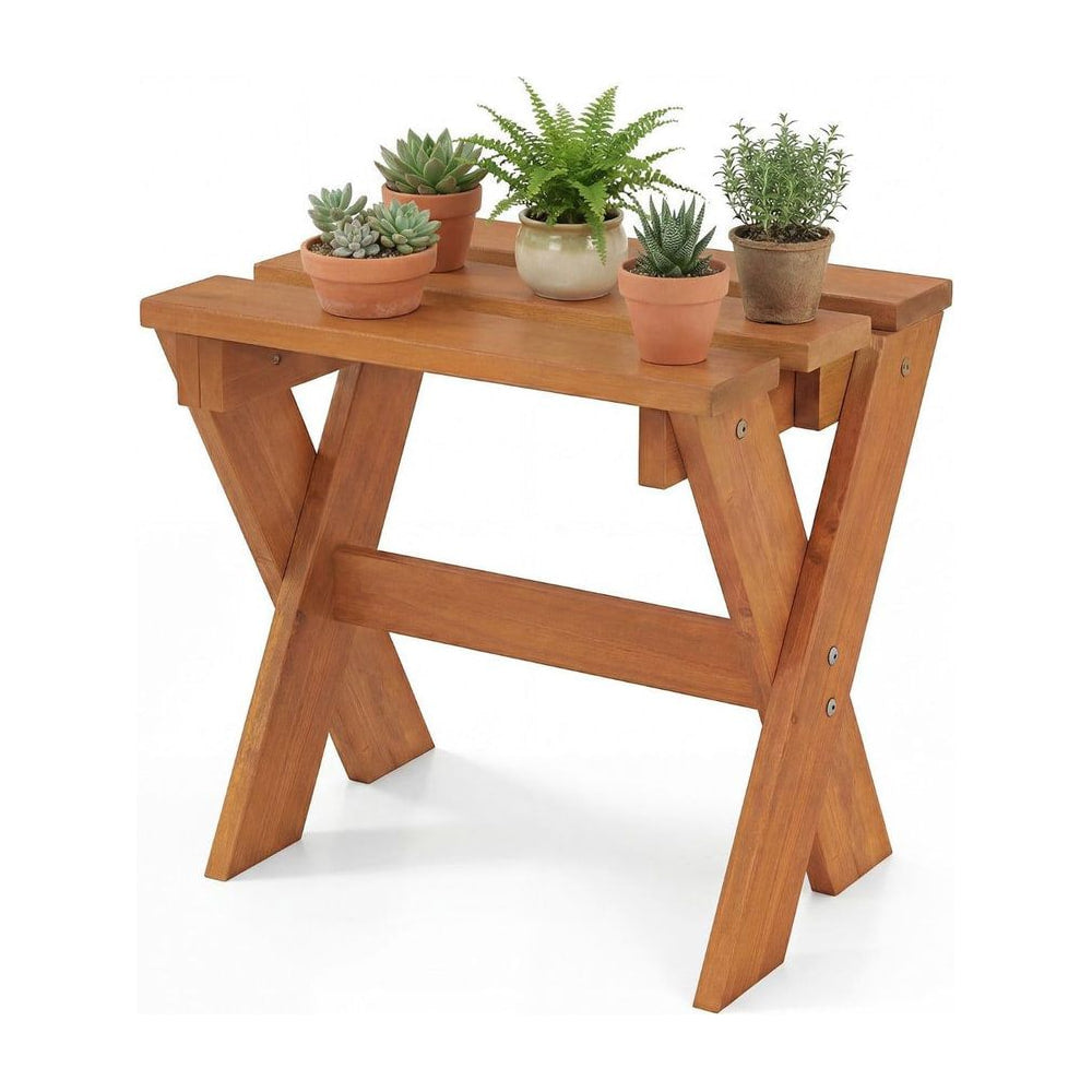 Side Table Flower Stand with five small potted plants on the slatted wooden surface