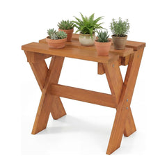 Side Table Flower Stand with five small potted plants on the slatted wooden surface