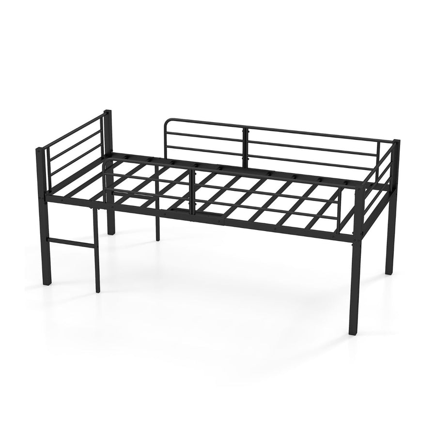 Single Size Low Loft Bed Metal Bed Frame with Safety Guardrails and 2 Ladders-Black