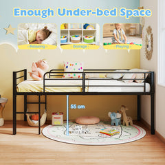 Single Size Low Loft Bed Metal Bed Frame with Safety Guardrails and 2 Ladders-Black