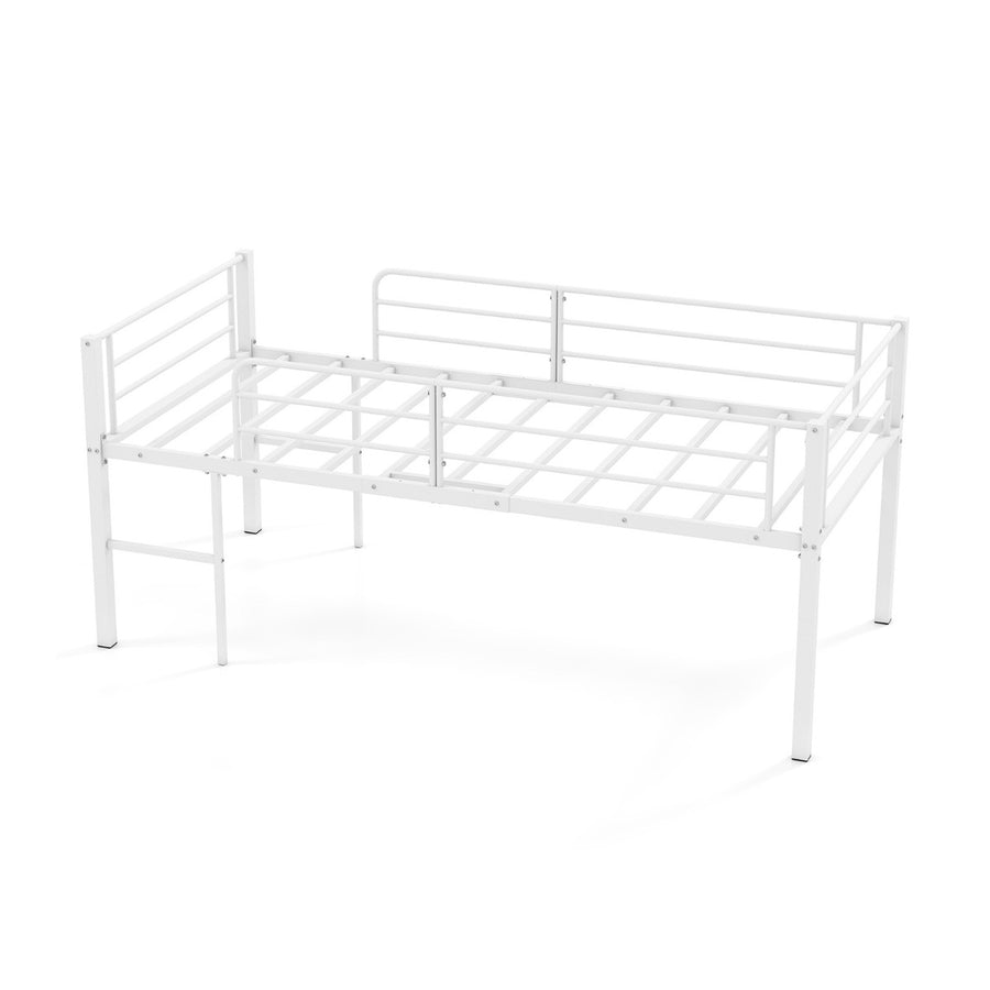 Single Size Low Loft Bed Metal Bed Frame with Safety Guardrails and 2 Ladders-White