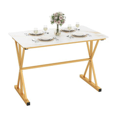 Sintered Stone Dining Table with Metal Frame set with plates and a flower vase on a white background