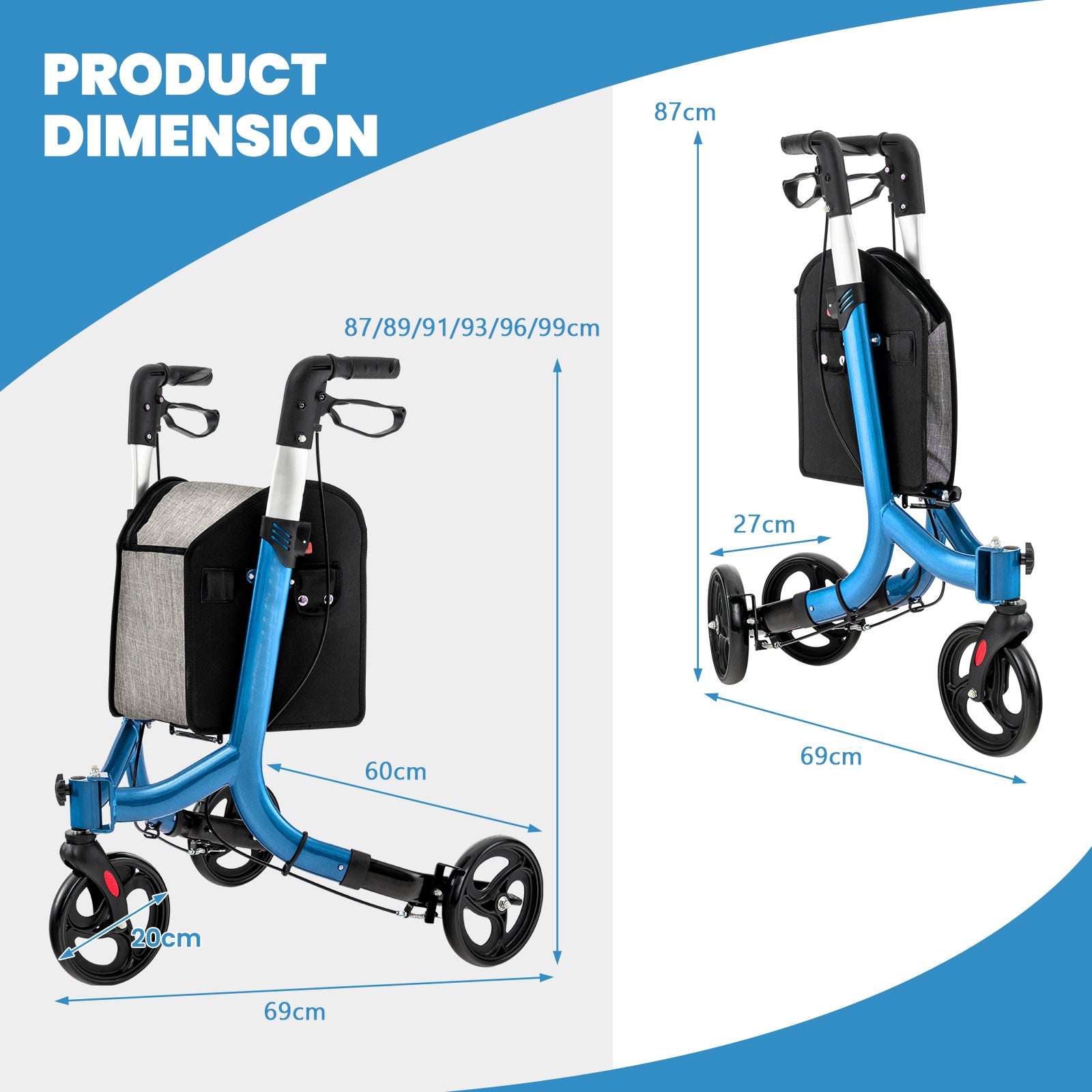 Folding Aluminum Rolling Walker with Zippered Storage Bag and Safe Dual Brake System-Blue