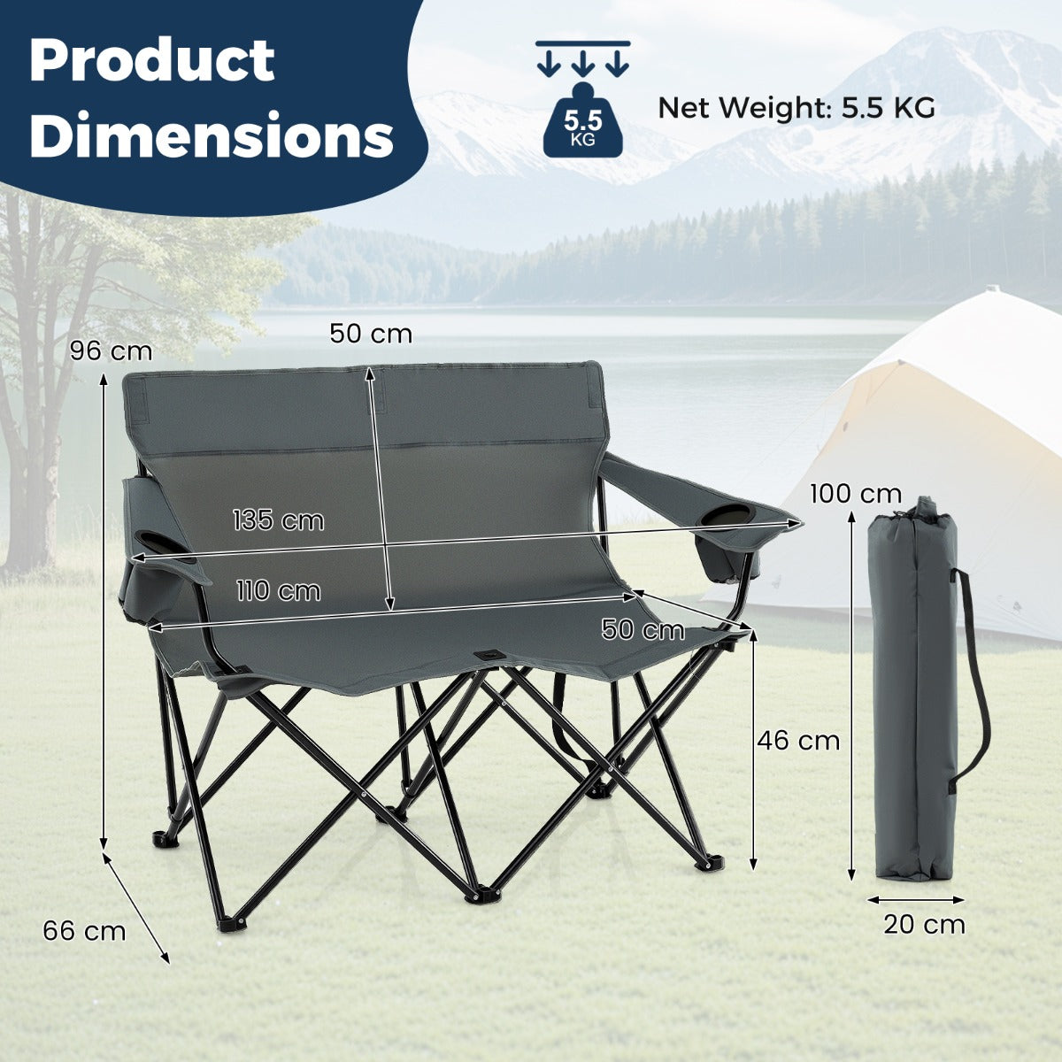 Double Camping Chair with Cup Holders and Carrying Bag-Grey