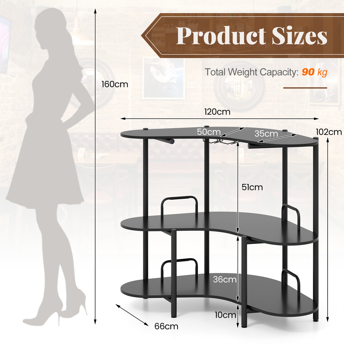 3-Tier Home Bar Unit with Stemware Racks and Storage Shelves-Black