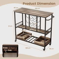 3 Tiers Bar Cart on Wheels with Glass Racks-Brown