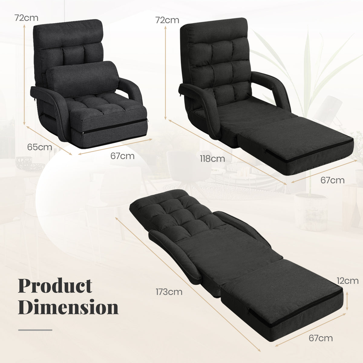 Adjustable Folding Floor Lazy Chair with Pillow-Dark Grey