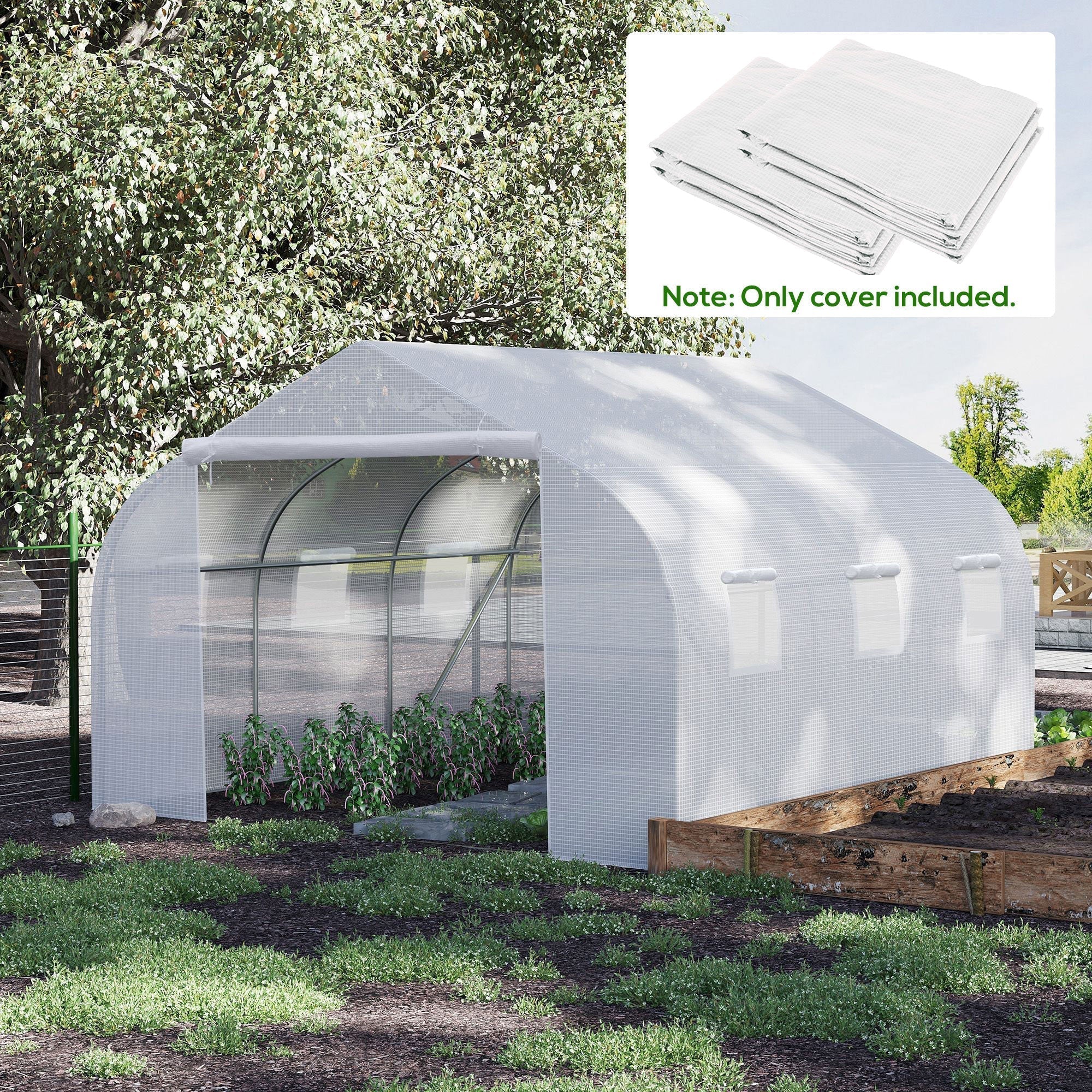 Outsunny Walk-In Tunnel Greenhouse with Replacement Cover, Outdoor Growhouse with PE Cover, Roll Up Door and 6 Windows, 4.5 x 3 x 2 m, White
