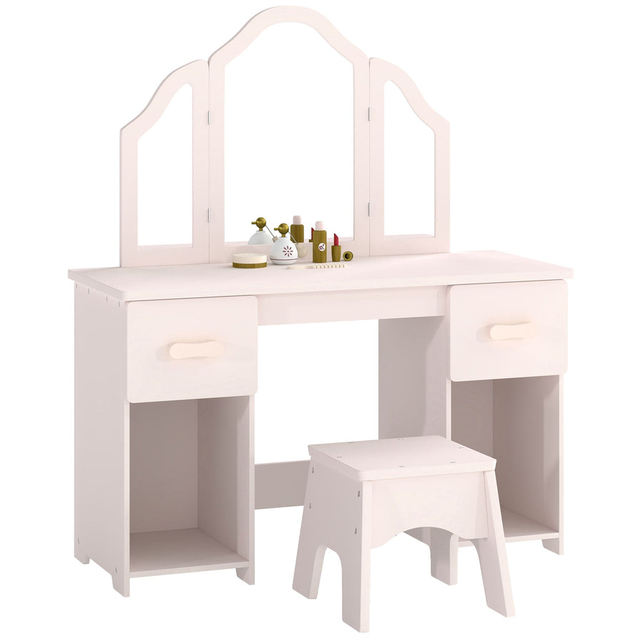 AIYAPLAY Kids Dressing Table, Kids Vanity Table and Chair Set with Tri-Folding Mirror, 2 Drawers, 2 Cabinets for Girls 3+, Pink