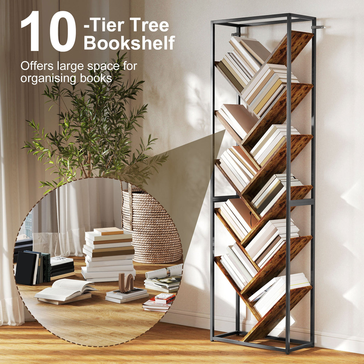 HOMCOM 10 Shelf Industrial-Style Bookshelf - Black/Brown